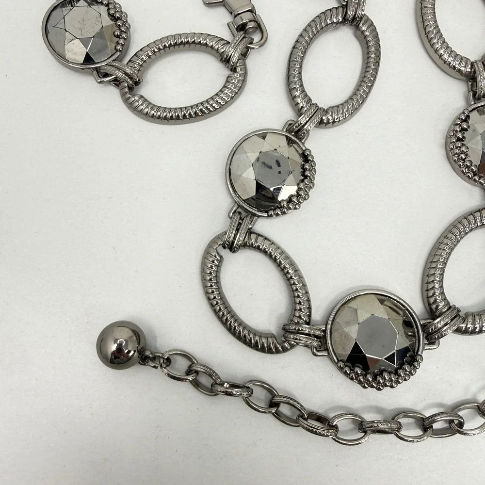 Gunmetal Chain Link Belt with‎ Large Faceted Grey Crystals and Textured Ovals